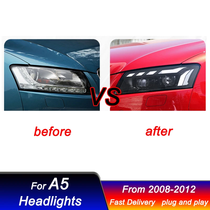 Фото Стильные фары для Audi A5 RS5 2008-2012, новый дизайн, полностью светодиодные DRL, динамические указатели поворота, биксеноновые линзы, комплект фар в сборе. №2