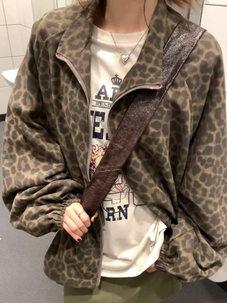 Женская леопардовая куртка на молнии Повседневная Свободная винтажная в стиле