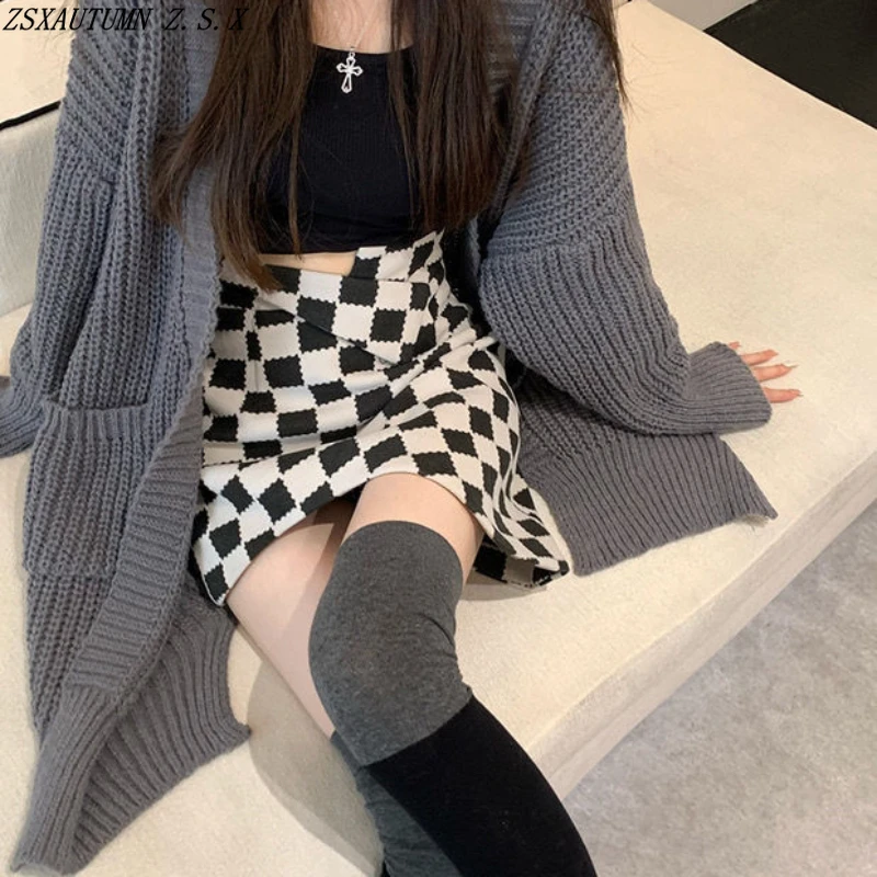 

Irregular High Waist Black White Checkerboard Half Skirt Women's Autumn Winter Hip Wrap Short Skirt Fashion Sexy A-line Skirts