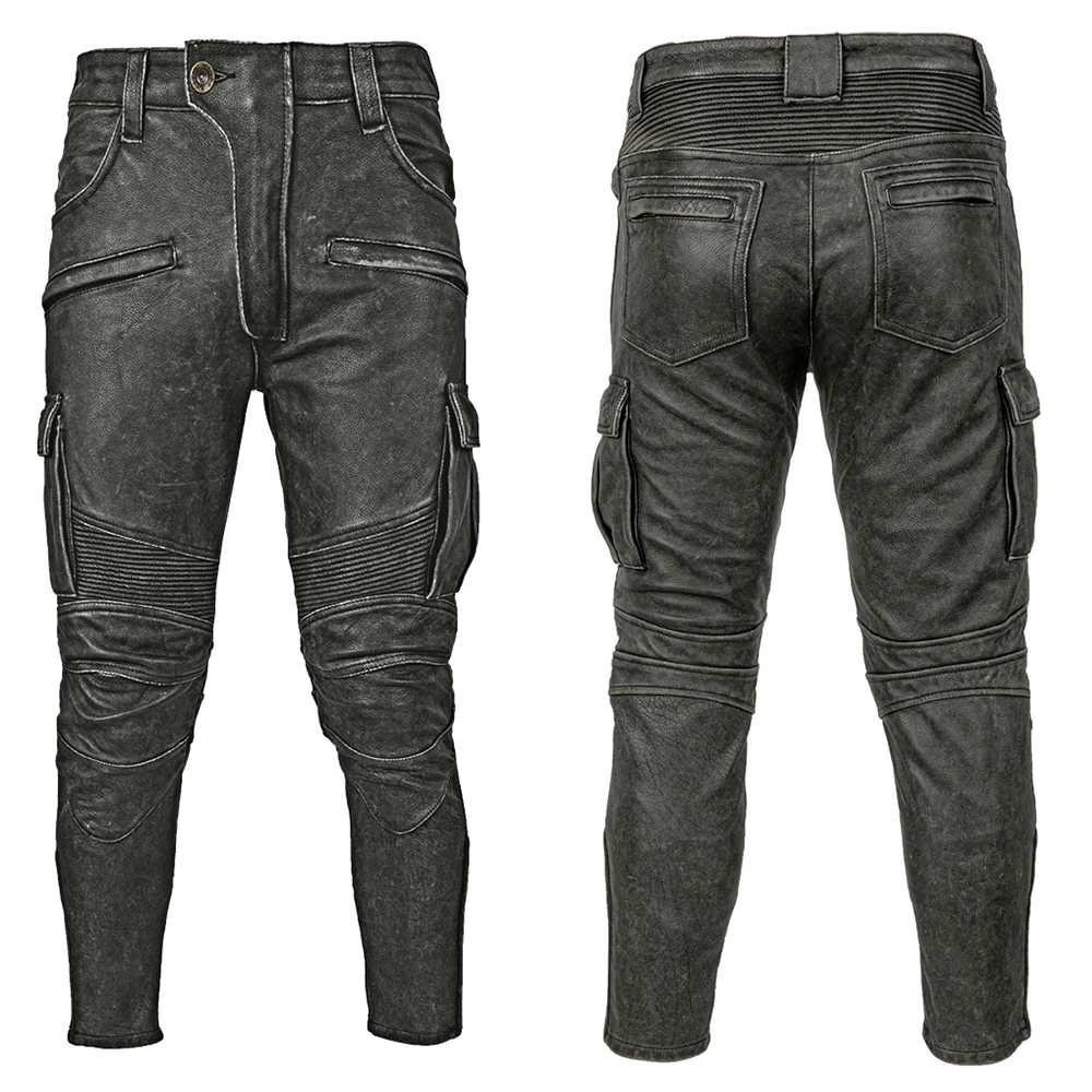 

Vintage Grey Black Motorcycle Leather Trousers Men Leather Pant Thick Natural Cowhide Men's Motor Biker Racer Pants Asian Size