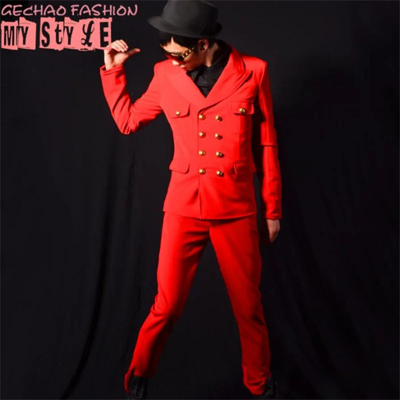 Nightclub suits mens blazers male singer stage style red double-breasted clothes bar costume accessories red