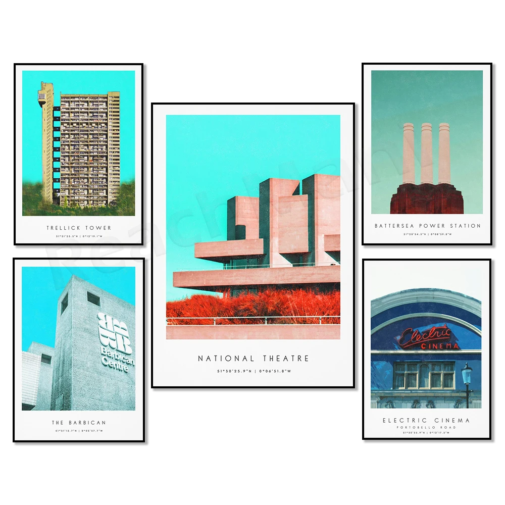 Фото Лондонская архитектура, Барбканский центр, Национальный театр, Южный банк, брустилист Лондонская архитектура, винтажный туристический постер №4