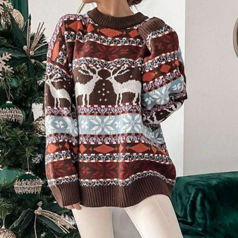 

Женский Рождественский свитер с длинным рукавом, повседневный свободный трикотажный жаккардовый джемпер с круглым вырезом, теплый толстый пуловер, зима 2023