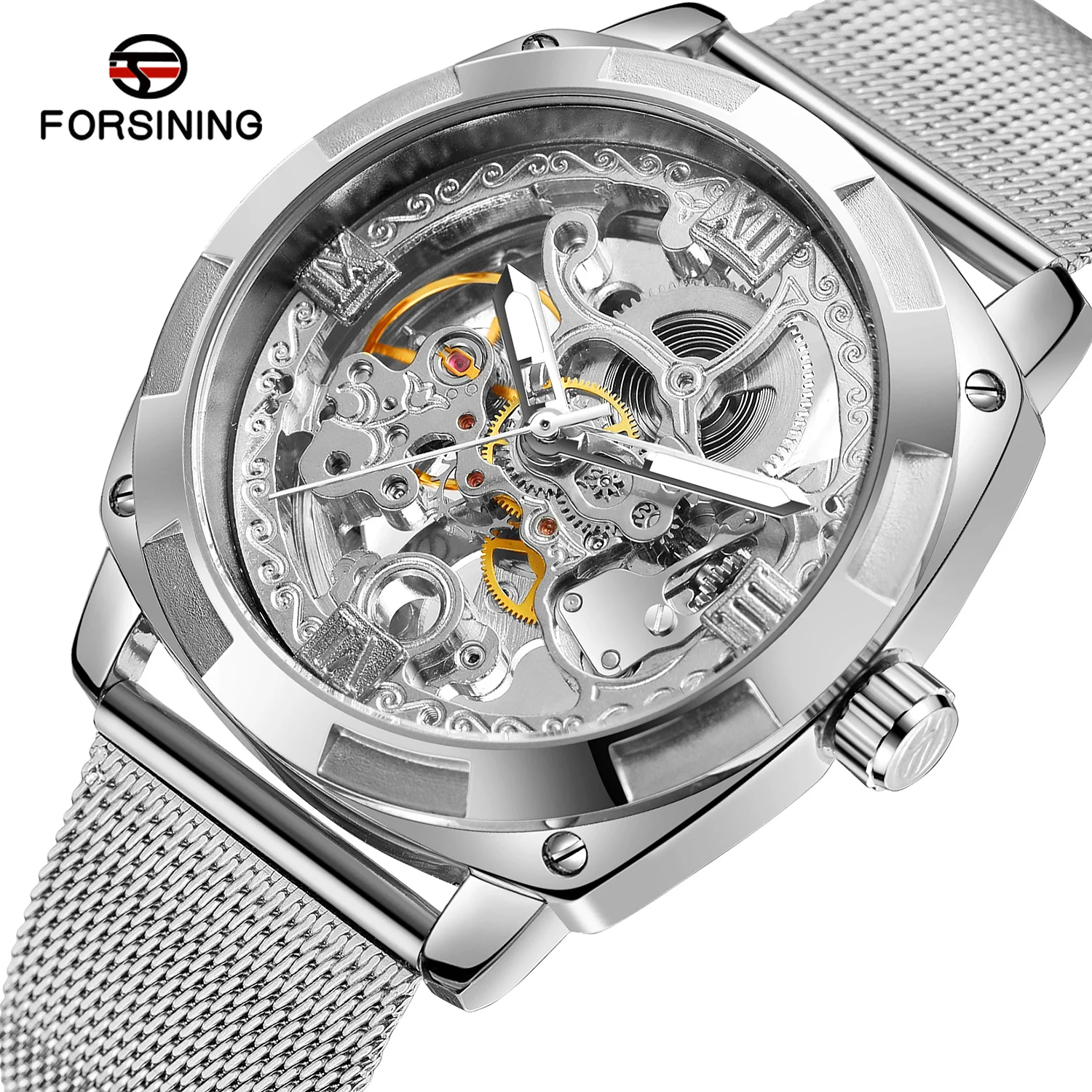 

Forsining 98A Montre Homme Relogio Classic Skeleton Clock Mesh Band Design Waterproof Brand Luxury Men's Mechanical Watches Sale