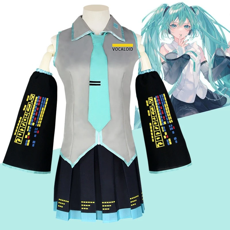 

Anime Vocaloid Miku Cosplay Costumes Japan Midi Dress Beginner Future Miku Cosplay Female Carnival Party Blue Pink Wig