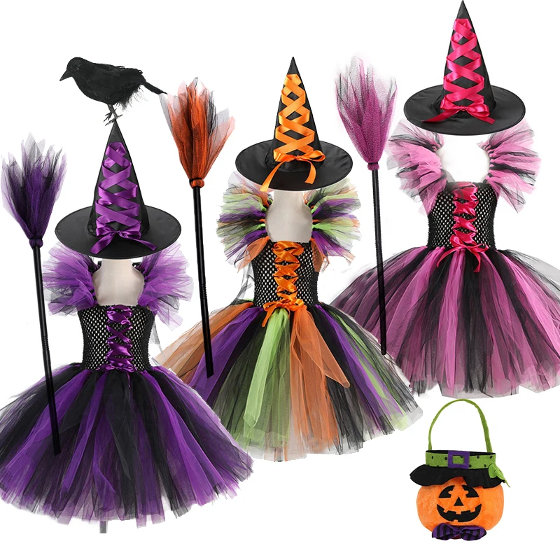 Halloween Costume for Kids Girls Witch Cosplay Tutu Knee Dress with Hat Broom Children Carnival Vestidos Fancy Dress Clothes New