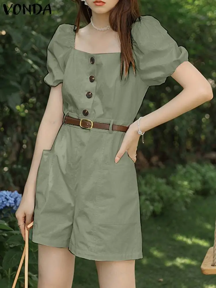 

VONDA Fashion Elegant Short Rompers 2023 Summer Women Playsuits Puff Sleeve Belted Sexy Square Collar Casual Pockets Jumpsuits