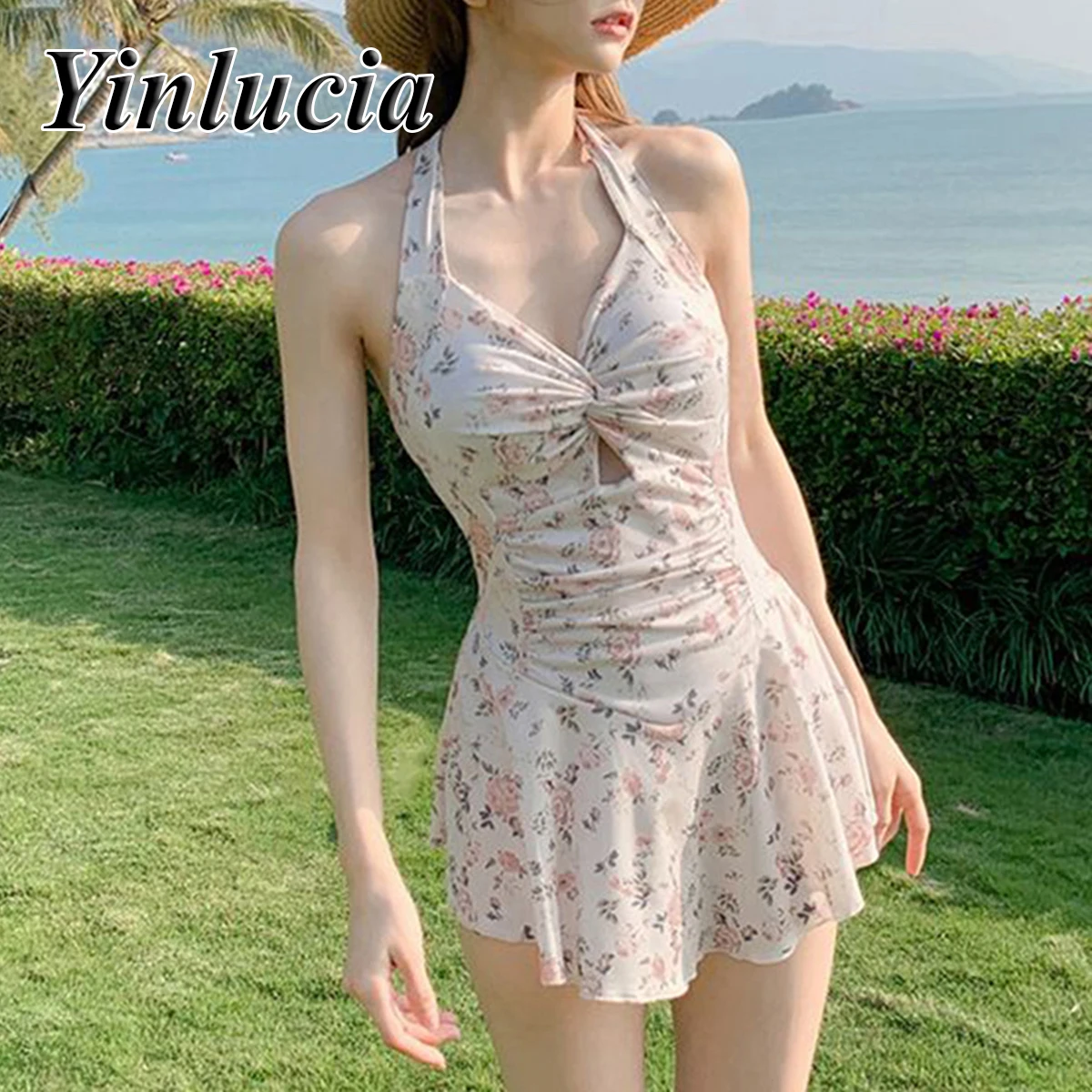 

Women Floral Dresses Sexy Halter Backless One-Piece Swimsuit Beach Slim Mini Dress Beach Holiday Summer Fashion Pool Party