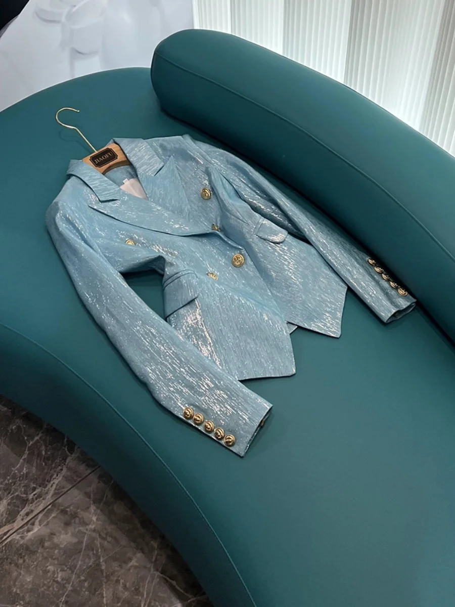 

Модный Блестящий женский офисный высококачественный дизайнерский двубортный пиджак в британском стиле с длинным рукавом Женский приталенный Блейзер