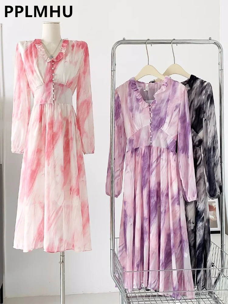 

Женское шифоновое платье с V-образным вырезом, длинным рукавом и принтом