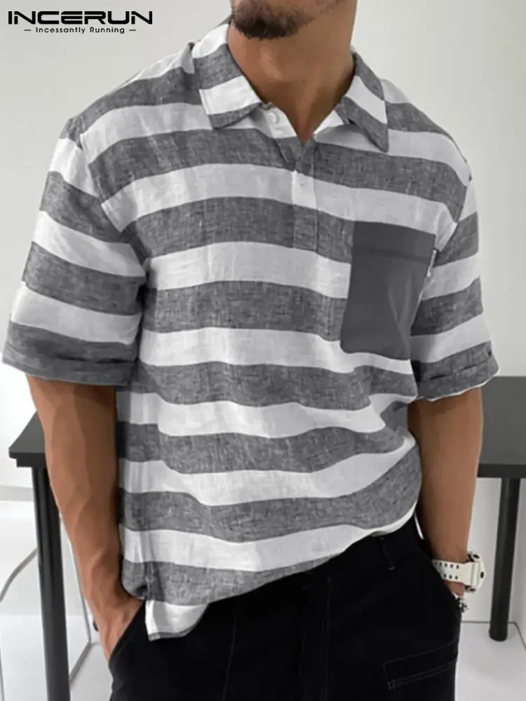 

Summer Men Striped Shirt Lapel Short Sleeve Pockets Casual Camisa Masculina 2022 Streetwear Leisure Men Clothing S-5XL INCERUN