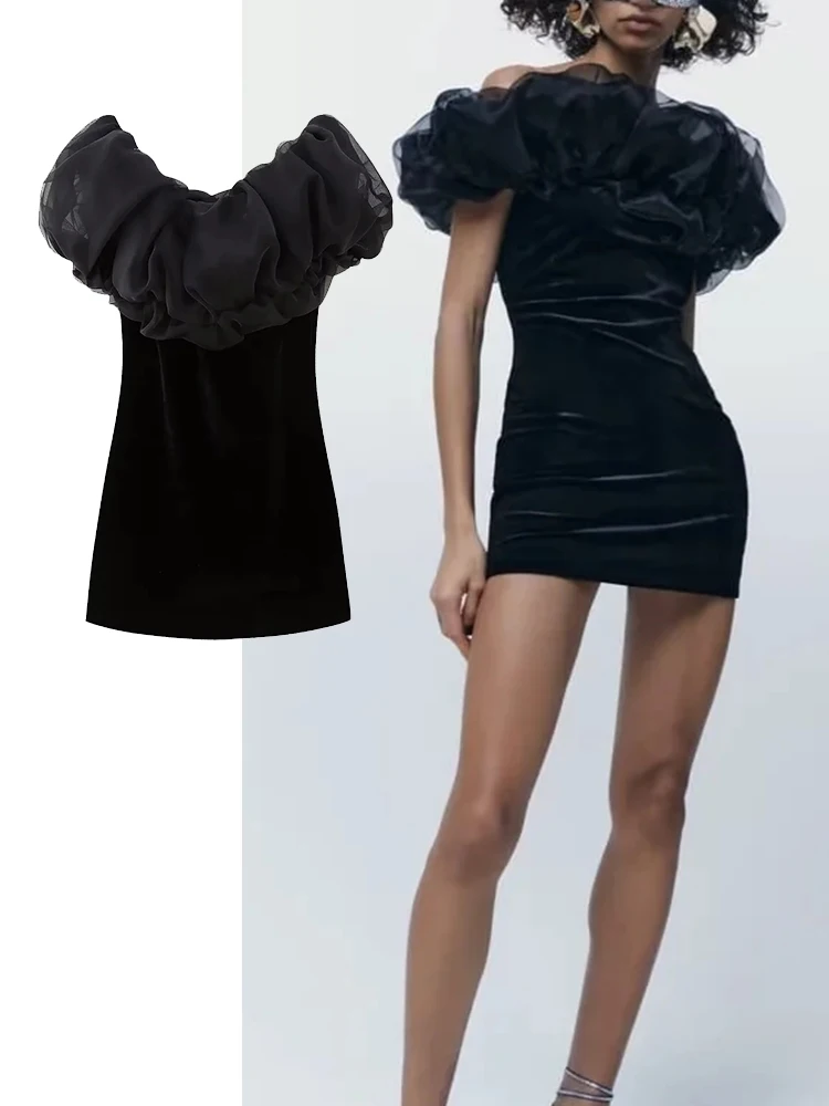 

TRAF Women Tulle Sleeveless Mini Dress Fashion With Ruched Vintage Female Chic Dresses Vestidos Mujer