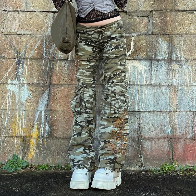

Камуфляжные свободные штаны Y2K, уличная одежда, боди, прямые зеленые брюки-карго в стиле милитари, винтажные брюки в стиле хип-хоп с вышивкой и карманами
