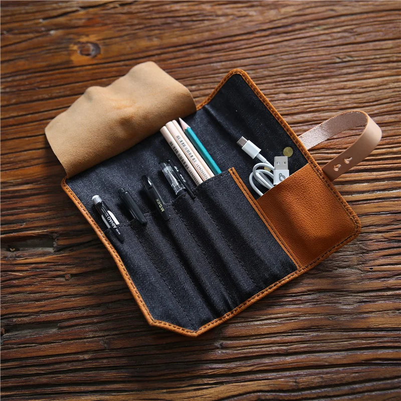 Manual Handmade Men's Leather Pen Bag Top Leather Tool Kit Women's Cosmetic Bag  Storage Stationery Bag