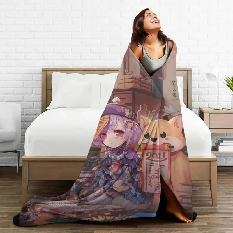 

Action Genshin Impact Fleece Spring Autumn QiQi Electronic Games Lightweight Throw Blankets For Bed Outdoor Bedspread