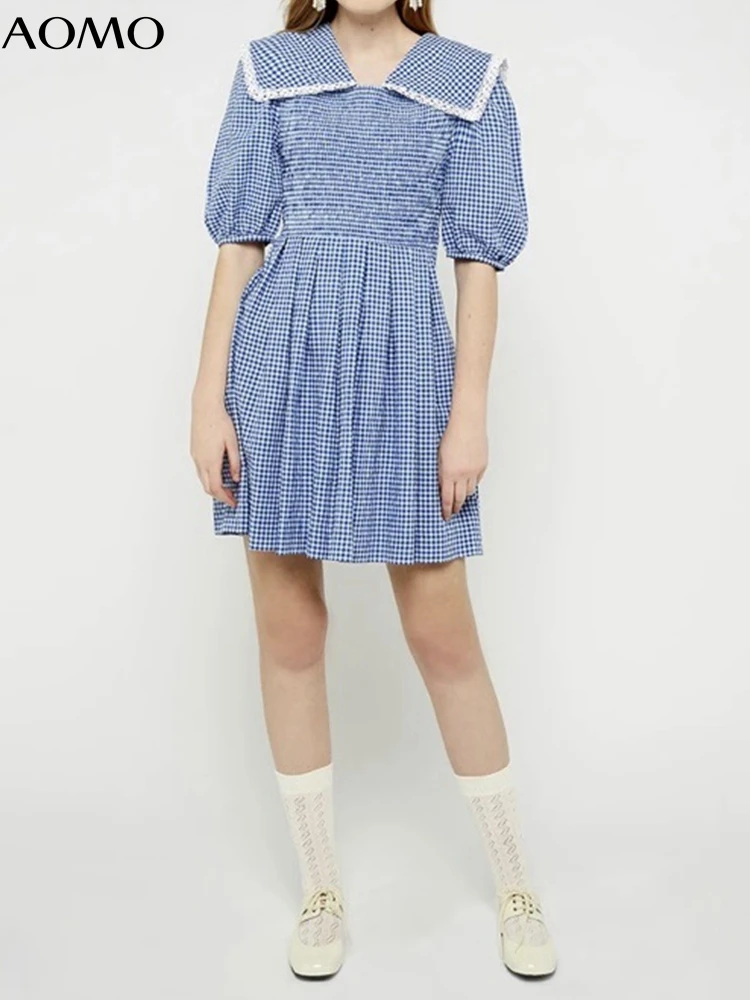 

Женское плиссированное платье AOMO, клетчатое мини-платье с коротким рукавом и воротником «Питер Пэн», модель 8M04A, 2022