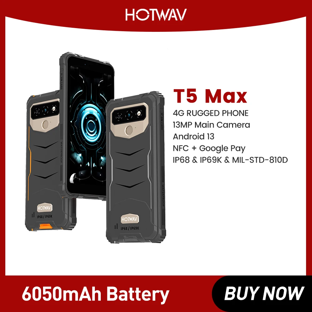 HOTWAV T5 MAX Rugged Smartphone Android 13 6050mAh 4GB+64GB Mobile Phone NFC Supported 6.0'' 13MP Rear Camera Cellphone