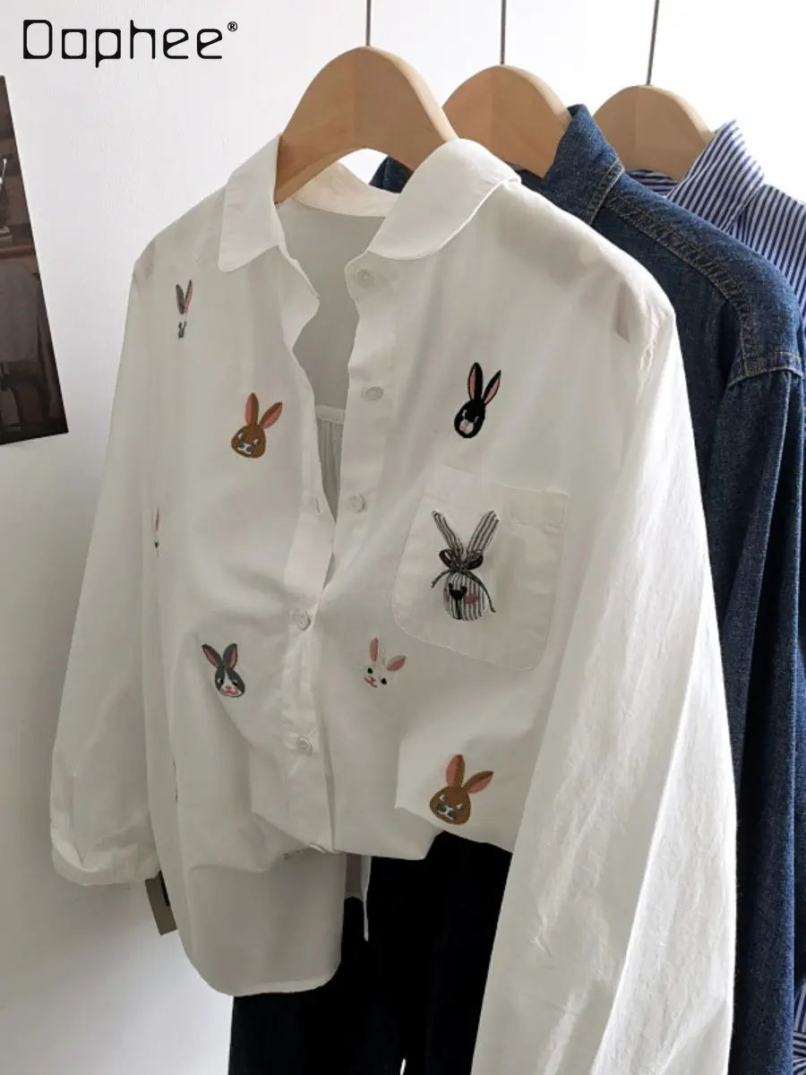 

Весенняя новинка Женская рубашка с трехмерным украшением модная Свободная Повседневная Блузка средней длины с длинными рукавами и вышивко...