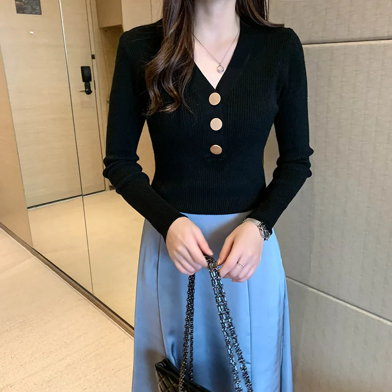 New Fashion Women Sweaters Sweater Cardigans V-neck Single Breasted Slim Fit Stretch Knitted Clothes All-Match Casual Tops