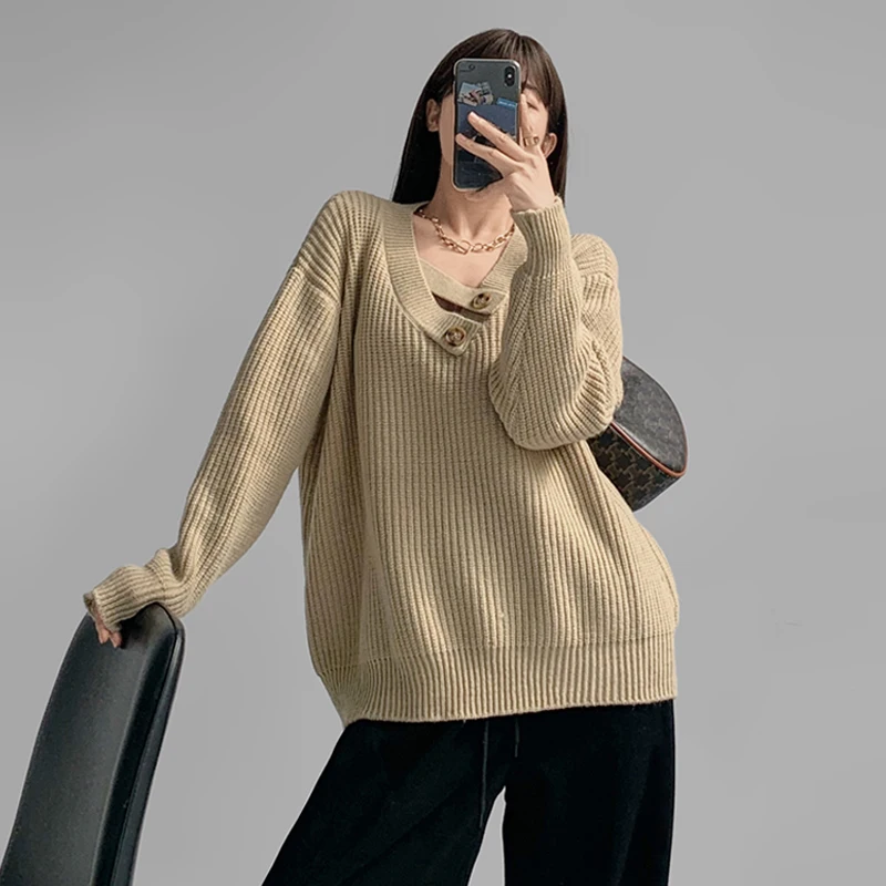 

Buttons Vintage Loose Sweater Women Fashion Sweet Lazy Wind Y2k Pullovers Autumn Winter Casual Korean V-neck Tops