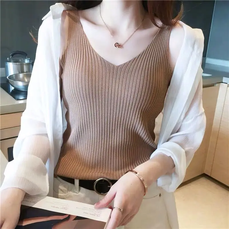 

V-neck Knitted Ice Silk Sleeveless Top Thin Vest Camisoles & Tanks Knit Sweater Women Spring Summer Sexy Slim Camisole Intimates