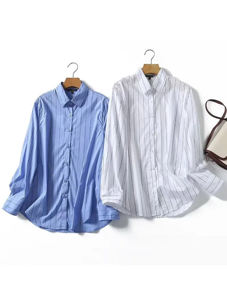 

Women 2023 Winter New Fashion Leisure Commuting Wide Stripes Blouses Vintage Long Sleeve Button-up Female Shirts Chic Tops