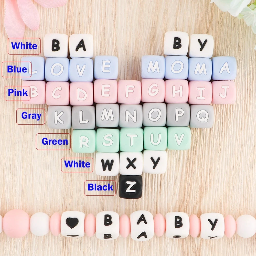 100Pcs 12mm English Multicolor Alphabet Silicone Letters Beads DIY Personalized Name Necklace Pacifier Chain Baby Chewing Beads