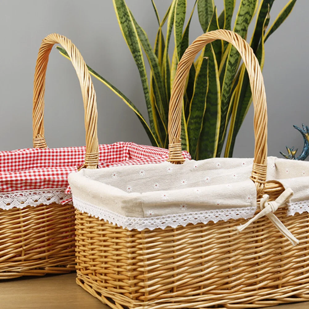 

White Woven Basket Portable Dessert Picnic Flower Storage Wooden Decorative Simulation Rattan Pastoral Style