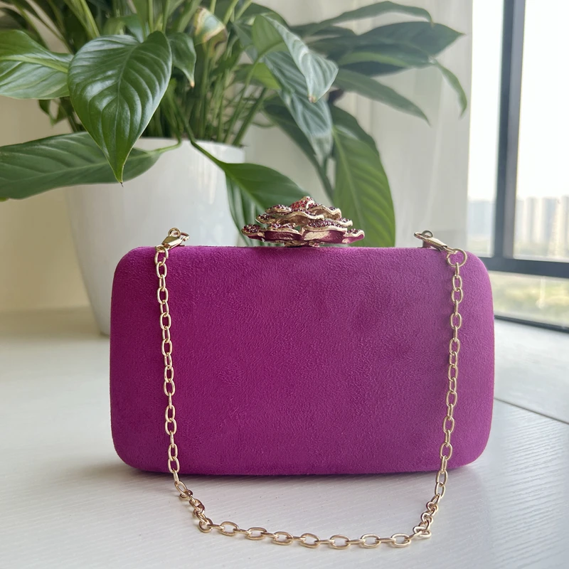 

2023 Winter New Luxury Velvet Evening Bag Rhinestone Rose Lock Chain Shoulder Bag High Quality Crossbody For Women Wedding Party