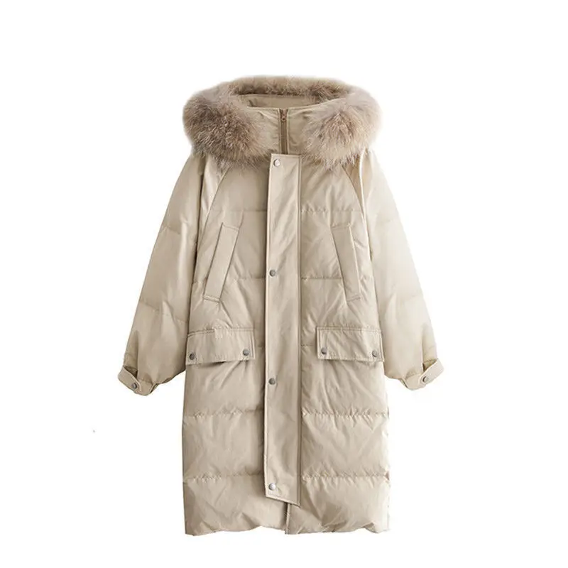2022 Women Winter Hooded Down Padded Jacket Mid-length Korean White Loose Bread Jacket Thick Padded Jacket Tide Parker Overcoat