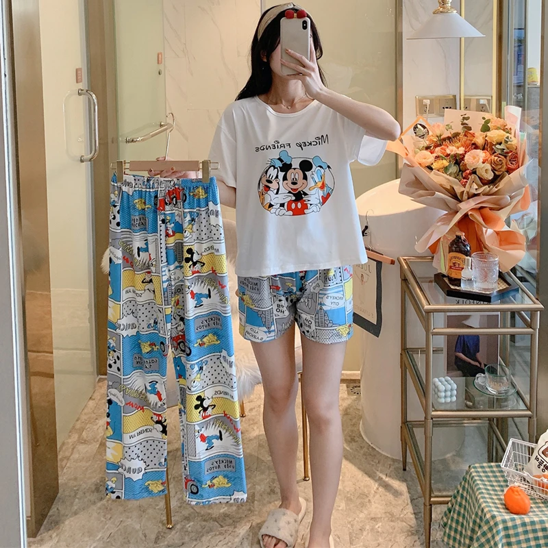 

Kawaii Mickey Minnie Mouse Donald Daisy Duck Anime Cartoon Crew Neck Short Sleeve Shorts Pajamas Set Trousers Homewear Girl Gift