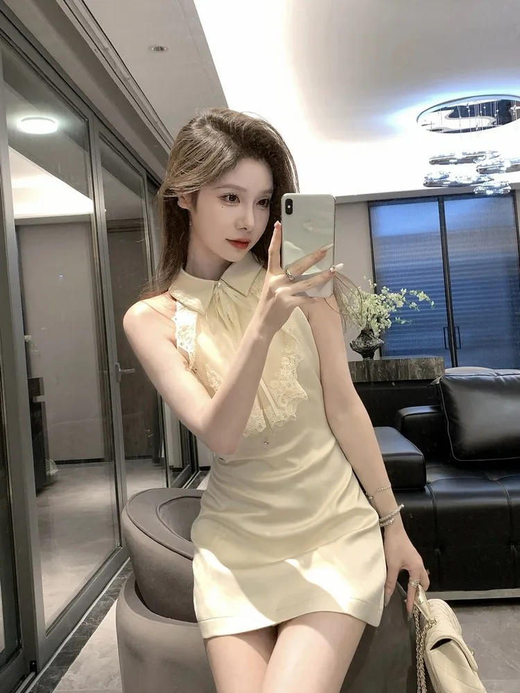 Французское кружевное платье без рукавов с подвесным воротником женское летнее