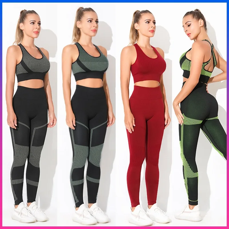 

Seamless Contrast Sports Bras Leggings for Fitness 2 Pieces Gym Sets Womens Outfits Yoga Wear Tight Workout Clothes Sportswear S