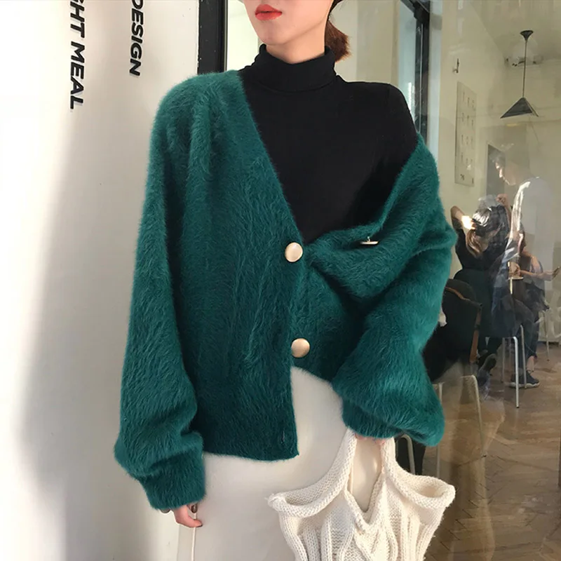 Teddy Jacket Coat Elegant Loose Women Knitted Cardigans Lantern Sleeve Mohair Jumpers 2020 Autumn winter Female Fluffy Jackets
