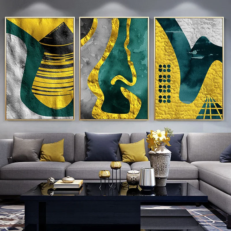 

Modern Nordic style blue poster gold foil living room sofa background wall home decoration frameless printing painting core