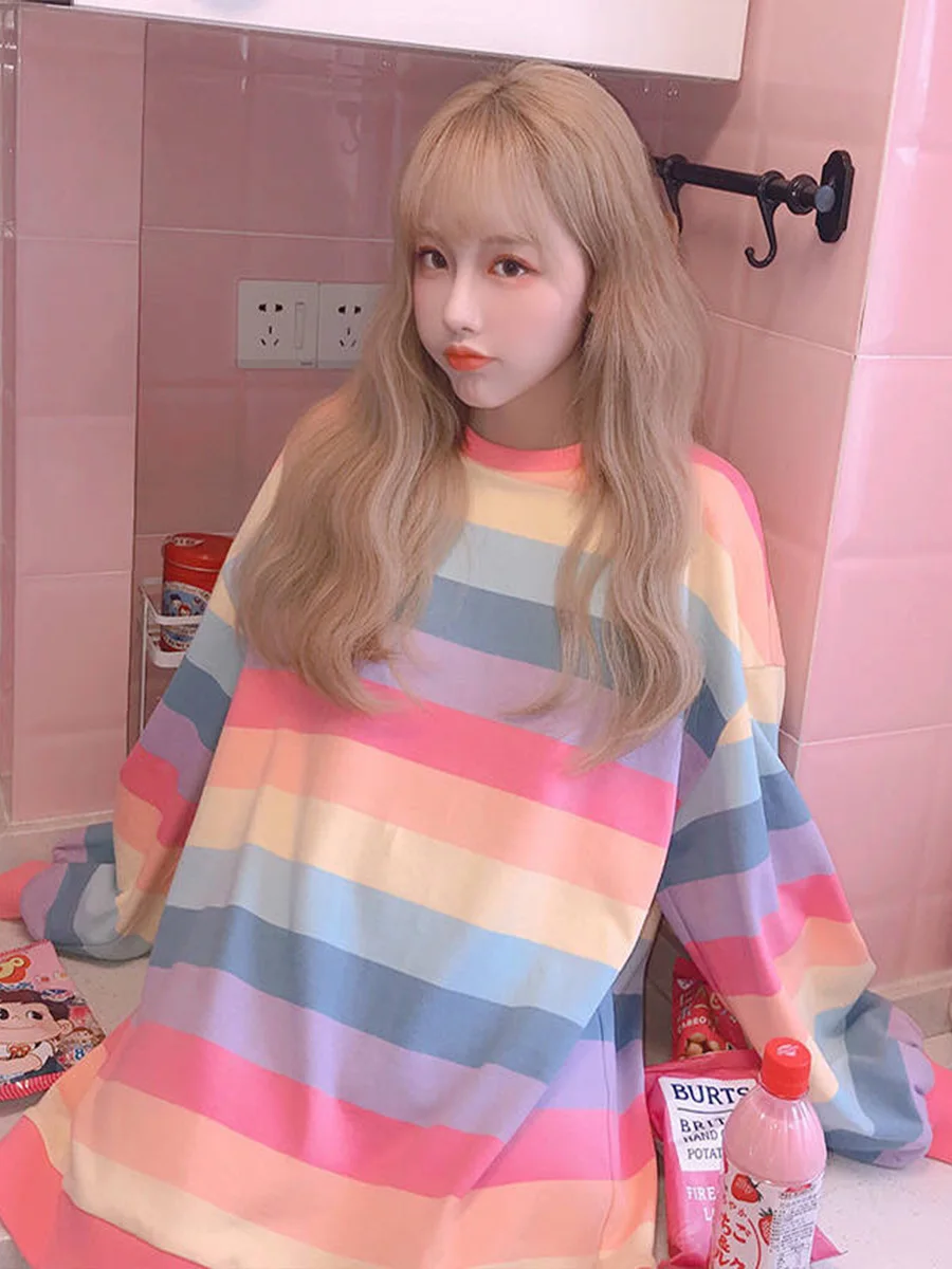 

Autumn Pink Cute T Shirt Women Striped T-shirt Rainbow Shirt Female Harajuku Loose Tops Shirts Large Size Tshirts Ropa Mujer