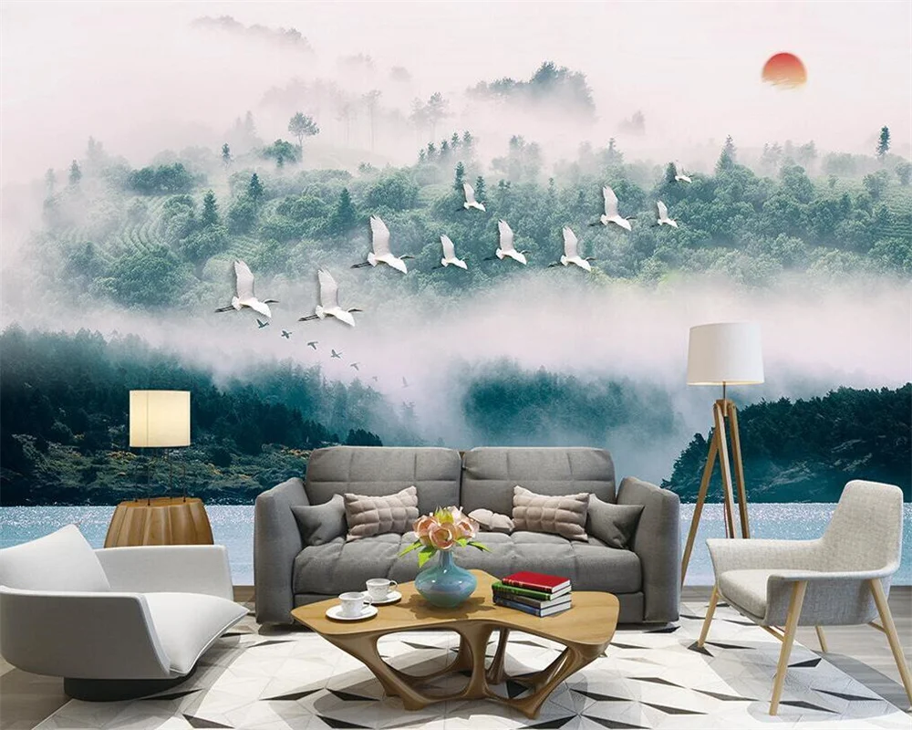 Custom wallpaper 3d modern foggy forest cloud flying bird Nordic Commerce background обои living room home decor Silk wallpaper