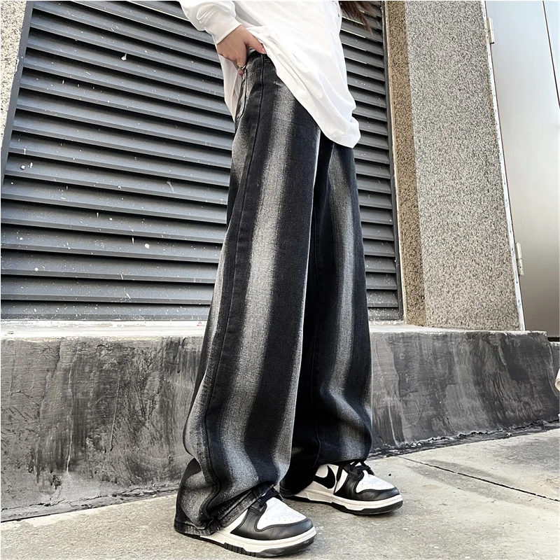 Men Clothing 2022 New Pattern Recreational Vintage Broad Leg Black Stripe Jeans Straight Cylinder Loose Cargo Pants Autumn Women