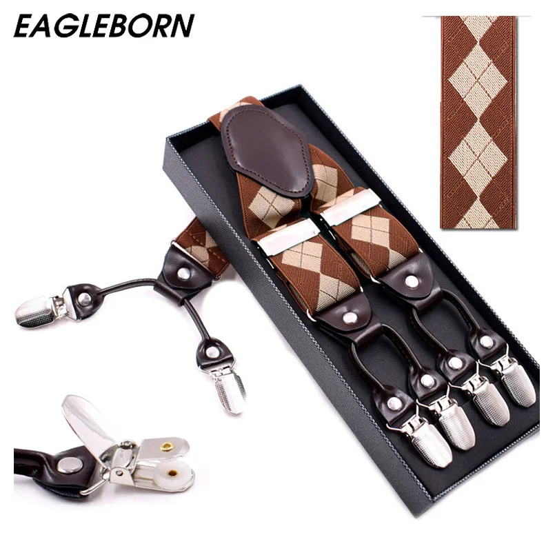 

Fashion Suspenders leather alloy 6 clips Braces Male Vintage Casual suspensorio Trousers Strap Father/Husband's Gift 3.5*120cm