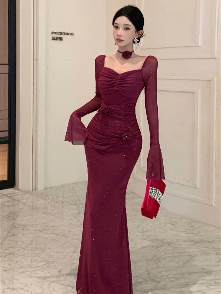 Сексуальное сетчатое облегающее платье макси для женщин с расклешенными