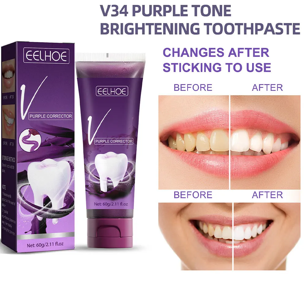 

V34 Purple Tone Bright White Toothpaste Dazzle White Teeth Clean Mouth Fresh Remove Tartar Yellow Stains Tooth Stains 60g