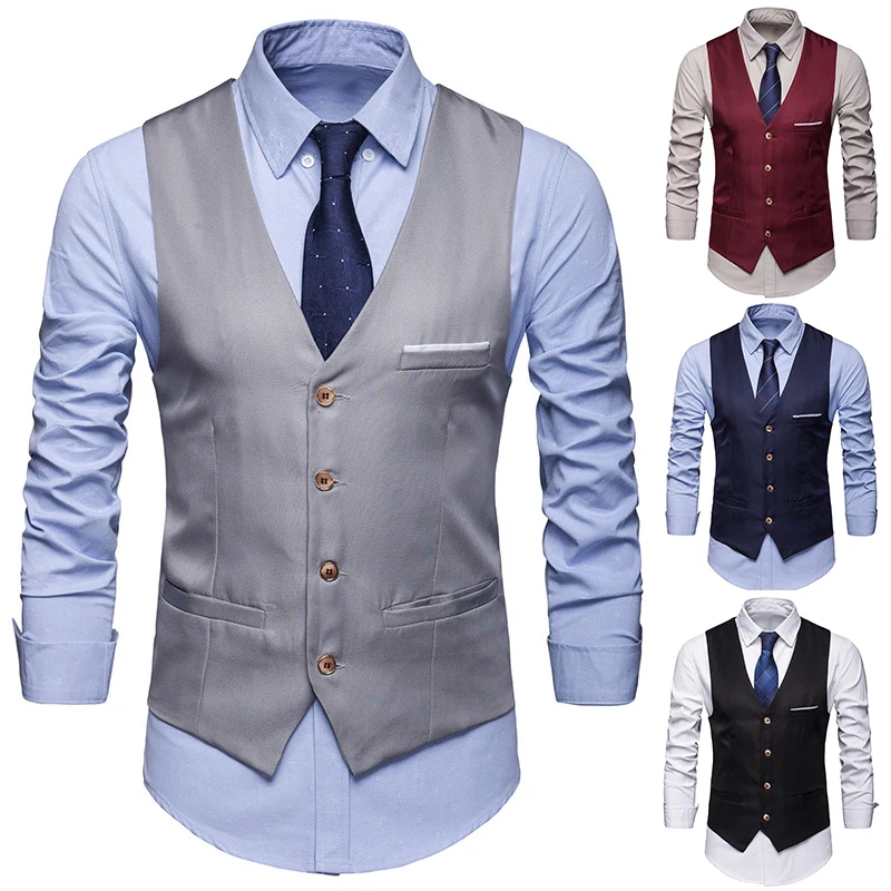 Single-breasted Solid V Neck Men Vests
