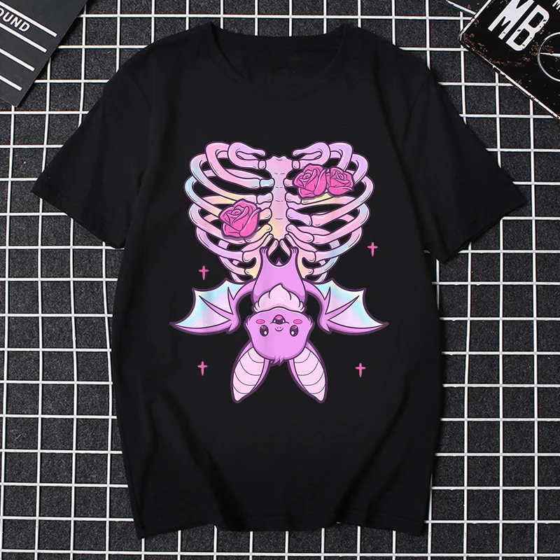 

Kawaii Pastel Goth Cute жуткая летучая мышь футболки со скелетом для женщин Grim Reaper Skull Pastel Goth жуткая смерть женская одежда Топы Tee