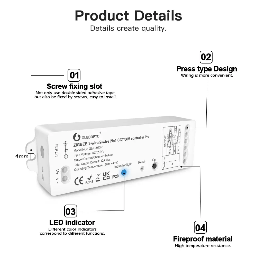 Фото GLEDOPTO ZigBee 3.0 2-проводной светодиодный контроллер CCT/DIMER Контроллер освещения работает с приложением SmartThings Alexa Голосовое дистанционное управление №3