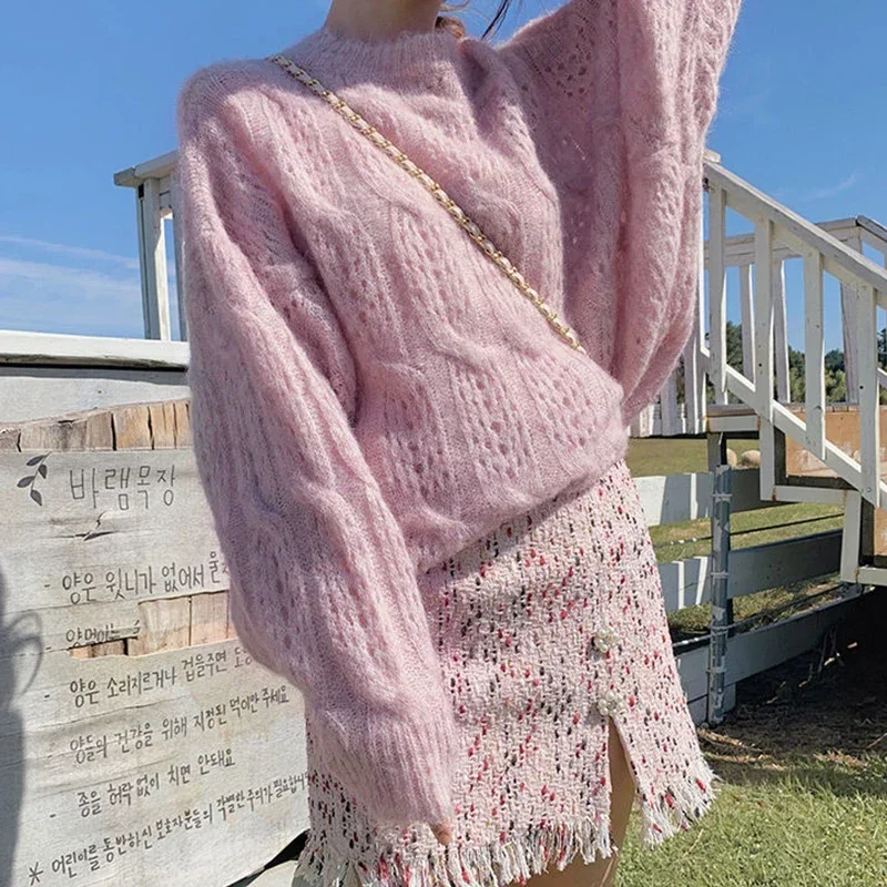 DAYIFUN женские однотонные полые вязаные пуловеры верхние свободные свитера милые