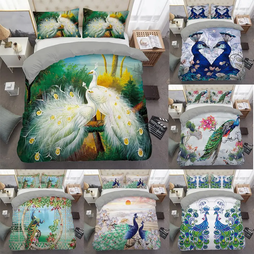 

Beautiful Peacock Pattern Bedding Set 2/3 Pcs Luxury Bedroom Textiles Duvet Cover Pillowcase Single Twin Queen King Size