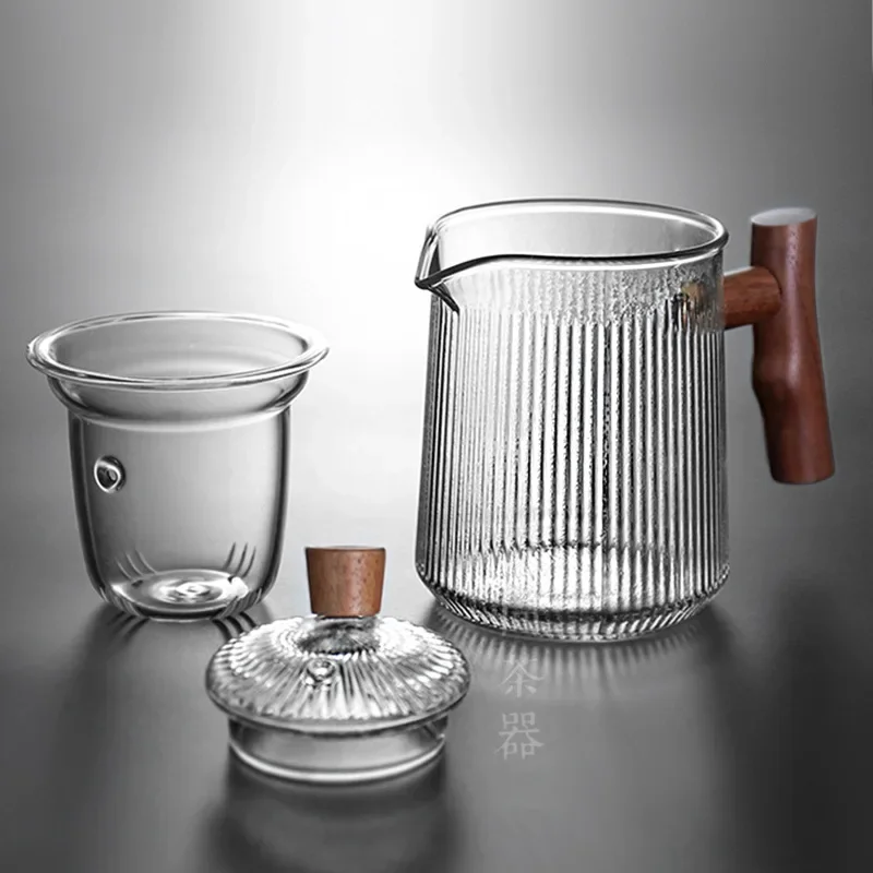 Термостойкий стеклянный чайник в полоску с деревянной ручкой китайский чайный