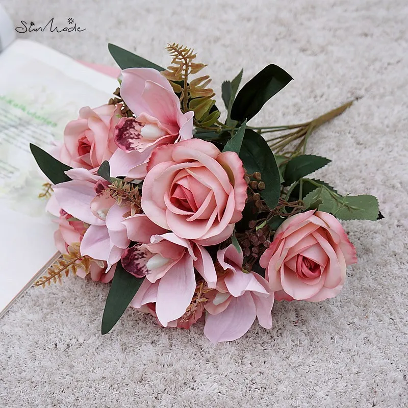 

SunMade Luxury Fall Decoration Rose Bouquet with Cymbidium Artificial Silk Flowers Home Vintage Decor Wedding Photography Props