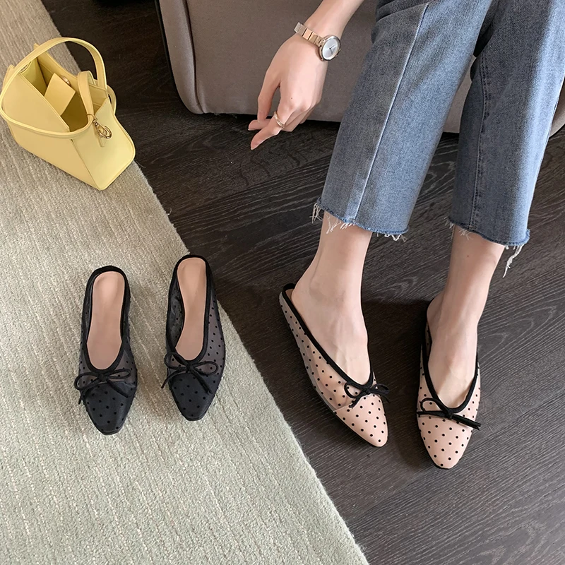 

Женские сетчатые шлепанцы с круглым носком, летние уличные шлепанцы на плоской подошве, повседневные праздничные классические туфли черно...