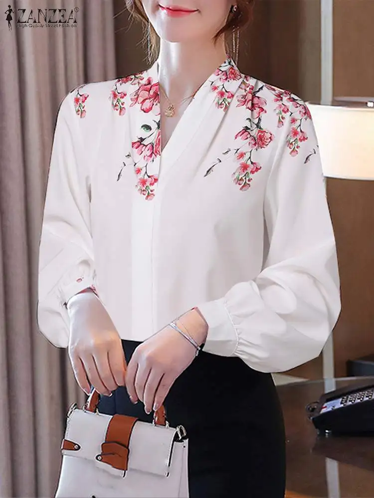 

Повседневная свободная туника ZANZEA с V-образным вырезом, осенние женские топы, Элегантная блузка с длинным рукавом, винтажные офисные Блузы с цветочным принтом 2023